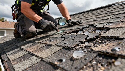 Closeup of technician inspecting hail damage on a residential roof highlighting dents and cracks caused by severe weather impact.