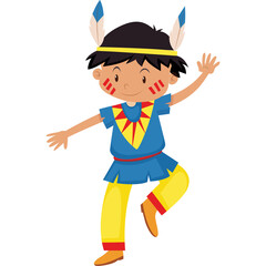 Cartoon Native American Boy Dancing Joyfully in Traditional Attire with Feathers and Face Paint on Transparent Background