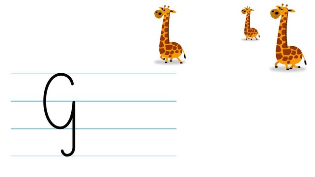 G letter writing like giraffe cartoon animation. A part of the alphabet serie. Handwriting educational style for children. Good for education movies, presentation, learning alphabet, etc...