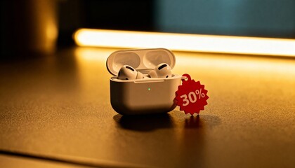 Wireless earbuds on a sleek surface with 30% discount tag  