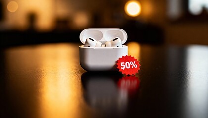 Wireless earbuds on a sleek surface with 50% discount tag for Cyber Monday  