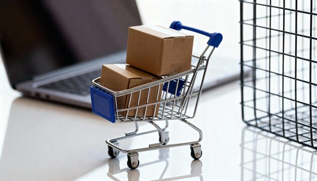 Shopping cart with cardboard boxes next to laptop for Cyber Monday
