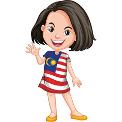 Cheerful Young Girl Wearing a Malaysian Flag Dress Waving Hello on a Transparent Background