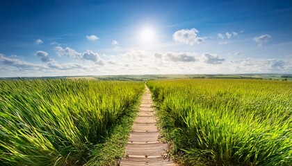 a path through a field of tall green grass leading to the horizon under a bright sunlight sky view