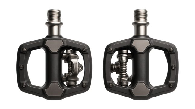 Wide platform clipless pedals with adjustable tension for secure shoe fit.