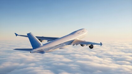 Obraz premium Airplane flying above clouds in a blue sky.