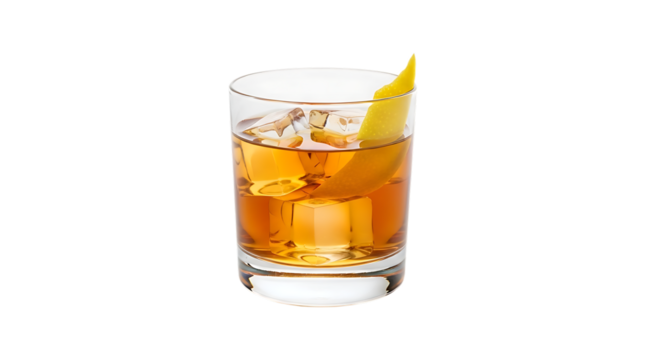 Amber colored cocktail in a clear glass with ice cubes and a lemon peel garnish, isolated on a white or transparent background, cutout, PNG