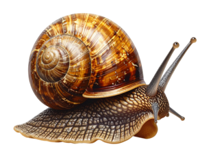 Single, slow-moving brown snail with a spiral shell, garden creature, transparent background.