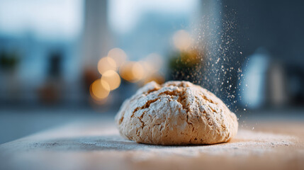 Freshly baked rustic bread loaf dusted with flour on wooden surface with soft bokeh background and falling flour particles