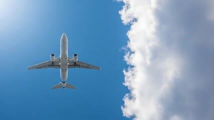 Obraz premium Airplane soars through a vibrant blue sky with fluffy clouds.