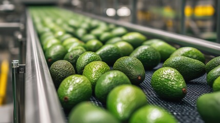 Ripe avocados on conveyor belt — packing line fresh produce