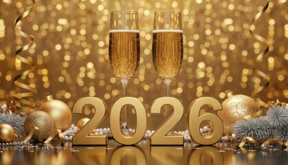 Happy New Year celebration with golden champagne glasses toast and festive Christmas decoration