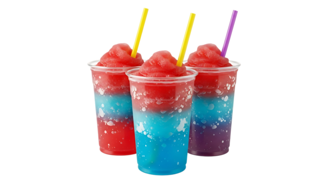 Three layered slushy drinks in clear plastic cups with straws, isolated on a white or transparent background, cutout, PNG