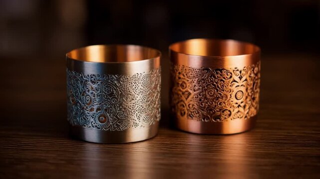 Medium shot capturing etched decorative cup holders with intricate patterns adding an artistic and elegant touch to sophisticated spaces.