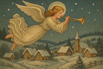 Fototapeta premium Angel playing trumpet over village background