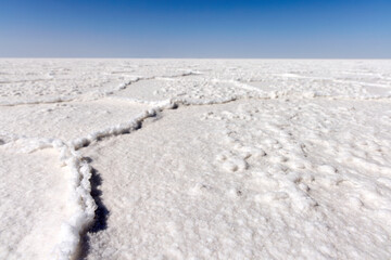A view across the cracked, seemingly endless white salt crust of Salar de Uyuni. A clear blue sky dominates above the horizon line of the salt flat expanse.
