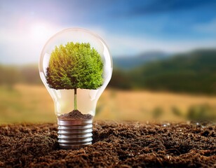 sustainable energy concept tree growing inside a light bulb on soil