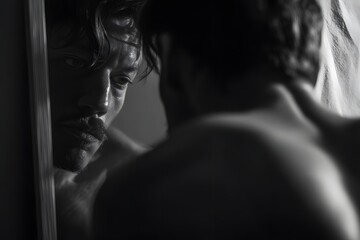Contemplative man gazes at his reflection in the mirror in black and white