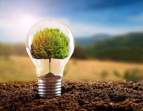 sustainable energy concept tree growing inside a light bulb on soil