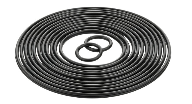 Stacked black rubber O-rings and two loose rings in a spiral pattern, isolated on a white or transparent background, cutout, PNG