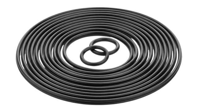 Stacked black rubber O-rings and two loose rings in a spiral pattern, isolated on a white or transparent background, cutout, PNG