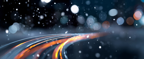 Obraz premium Abstract futuristic light trails curving through a dark space with glowing bokeh and floating particles creating a dynamic and vibrant visual effect