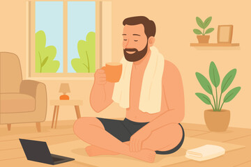 Morning Wellness Break: Man Resting After Home Workout with Coffee in Cozy Interior