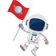 Cartoon Astronaut Character Floating in Space Holding a Red Flag with a Planet Emblem and Stars Symbolizing Exploration Discovery and Adventure