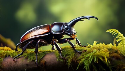 magnificent hercules beetle posing on a mossy branch against green backdrop