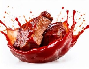 delicious barbecue meat pieces with red sauce splash isolated on white background delicious barbecue meat pieces splashing into tomato ketchup isolated on white background