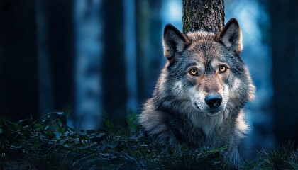 mysterious gaze of a wolf peeking behind a tree in the night forest