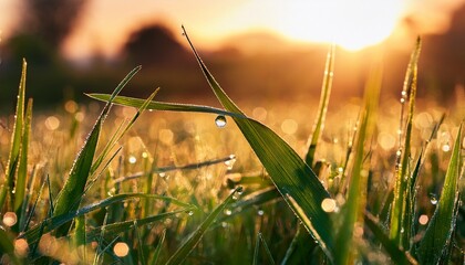 close up of a blade of grass covered in water droplets sparkling in the morning light on a sunny day
