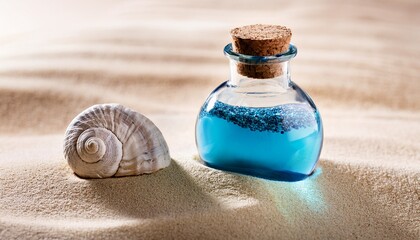 a glass bottle with a cork stopper containing sand a shell and blue liquid on a sandy surface