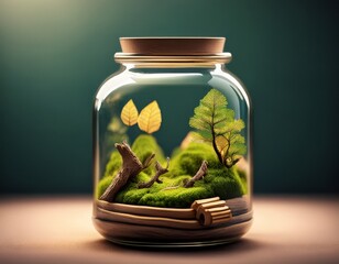 a glass jar containing a miniature landscape with moss leaves and small wooden logs inside it
