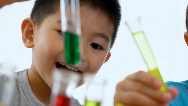Young Asian Boy Smiling While Conducting Fun Science Experiment with Test Tubes