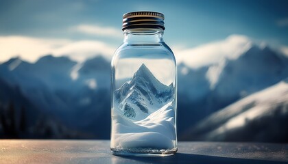 clear bottle containing a snowy mountain peak with blurred background of similar snowy mountains