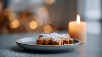 Close-up of snowflake-shaped gingerbread cookies dusted with powdered sugar on a plate with a lit candle and warm bokeh lights in the background