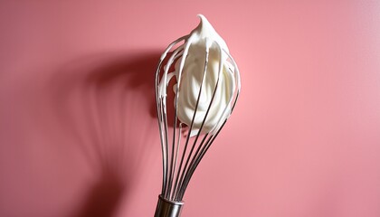 food photography closeup of a shiny metal whisk coated in freshly whipped cream positioned on a bright blush pink background soft shadows and airy mood
