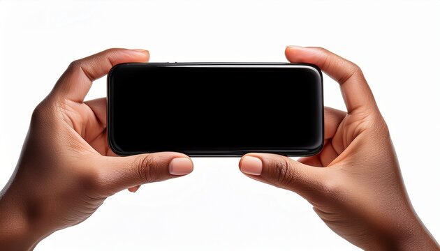 hands holding a black smartphone in landscape mode isolated on white background hand holding horizontal mobile phone screen mockup isolated on white background