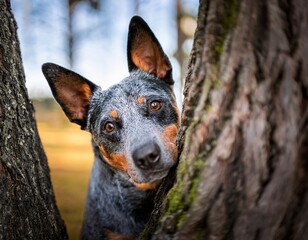 mysterious canine gaze a blue heeler dog peeks from behind a tree