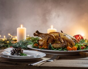Beautiful holiday dinner setting with roasted turkey, vegetables, candles, pine garland, and warm ambient lighting on a rustic wooden table.