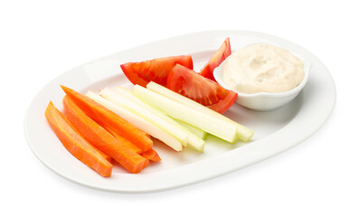 Different fresh vegetables and sauce isolated on white