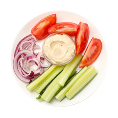 Different fresh vegetables and sauce isolated on white, top view