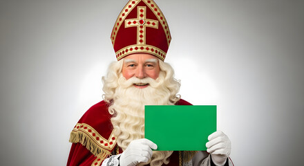 Sinterklaas, Dutch Saint Nicholas dressed in bishops red robe and decorative hat, pointing at blank green chroma key papier, placard. Celebration concept for children european party day five december.