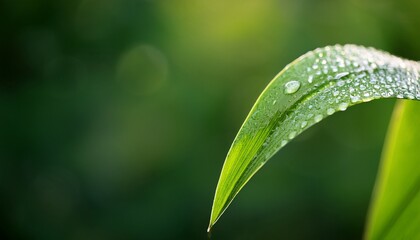 close up of a curved green leaf covered in water droplets with a blurred green background outdoors