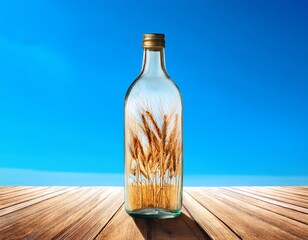 a glass bottle filled with wheat stalks resting on a wooden surface under a clear blue sky outdoors