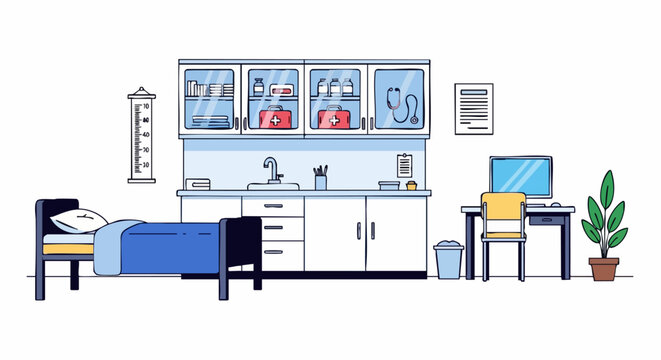 Cartoon vector illustration of a medical clinic or school nurse office interior.