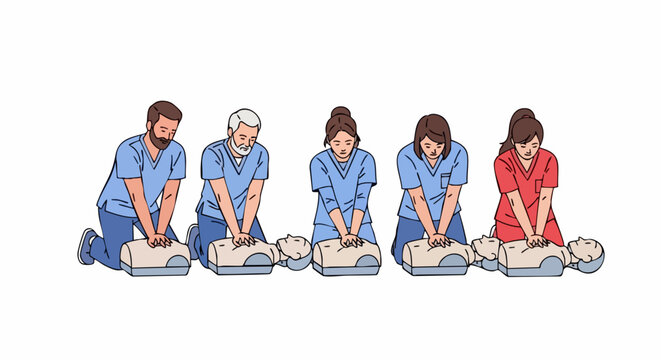 Healthcare professionals practicing CPR on training mannequins.