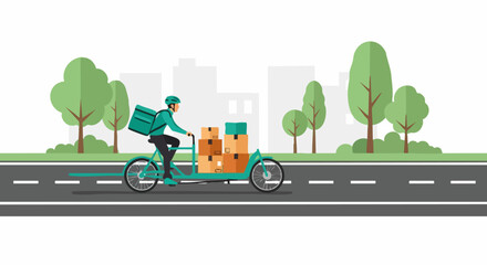Delivery person riding bicycle with packages.