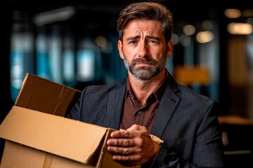 A man in formal attire holds an empty cardboard box in a modern office. His expression shows concern and reflection, suggesting a moment of change or disappointment